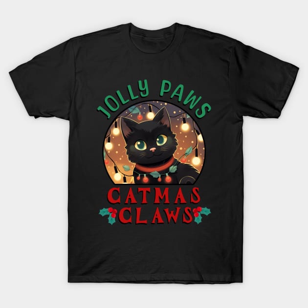 christmas light black cat ,jolly paws catmas claws T-Shirt by legend